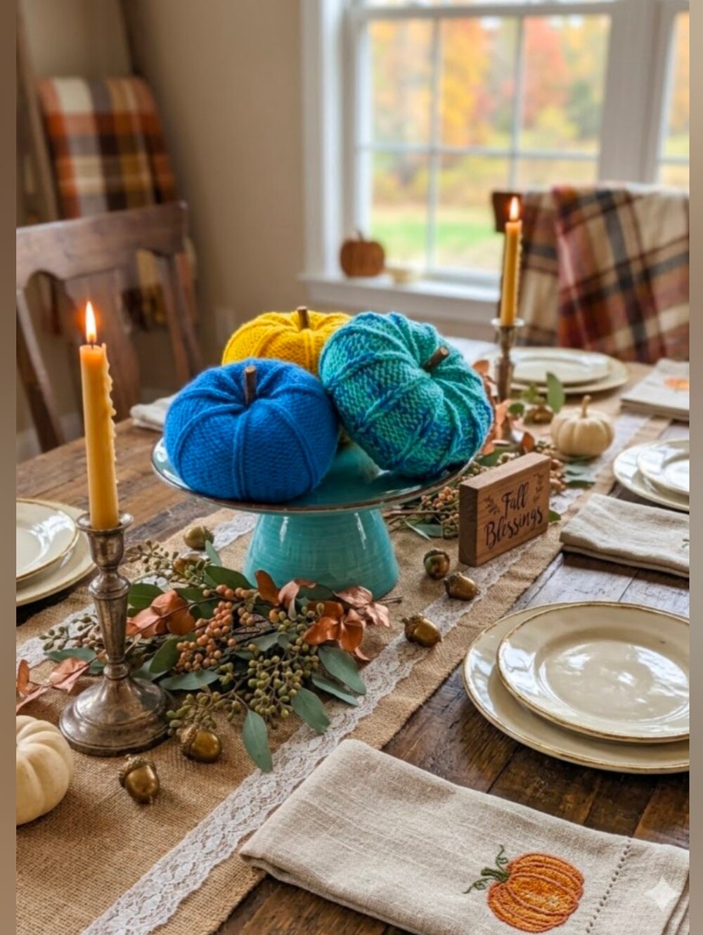 Set of 3 Hand Knit Pumpkins Yellow Blue Aqua/Blue